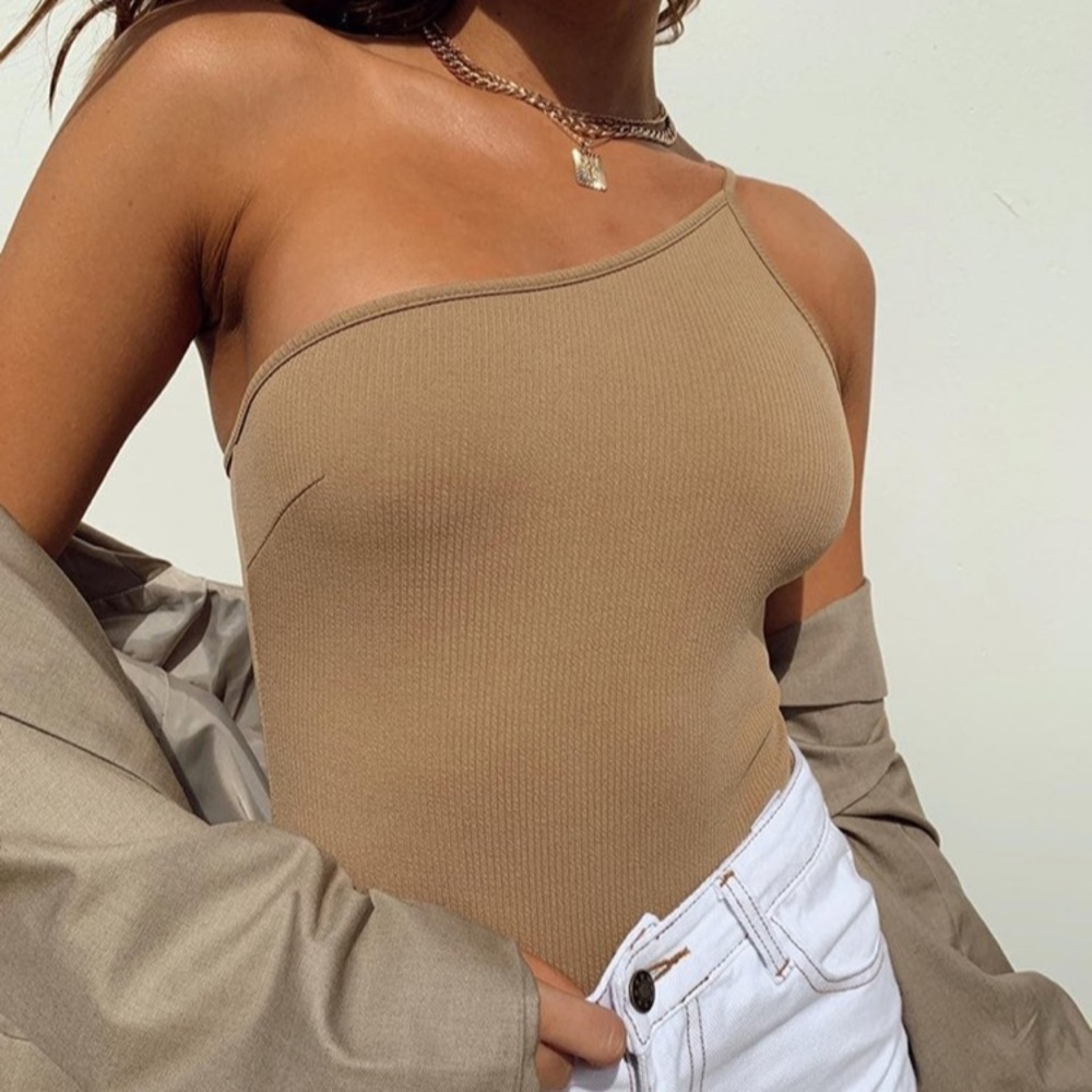 Princess Polly Tan Asymmetrical Sleeveless Bodysuit